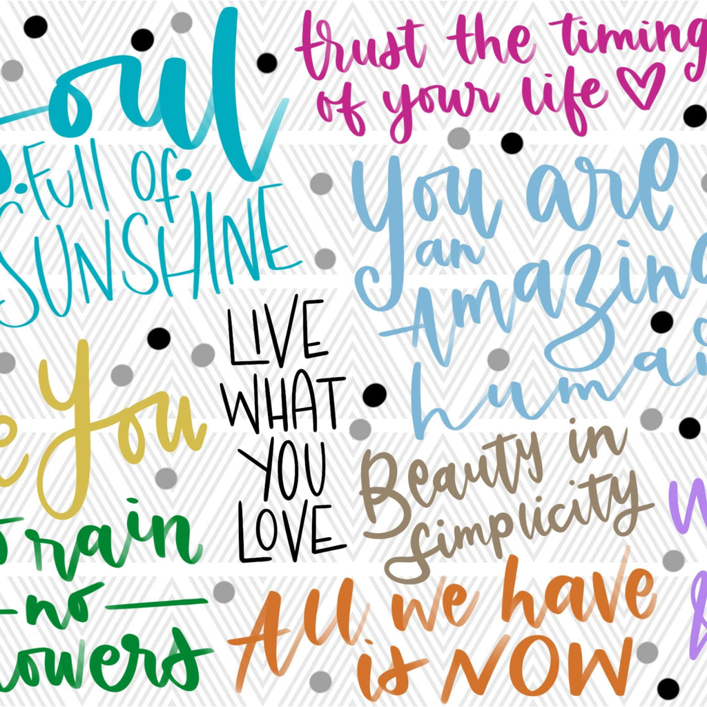 Motivational phrases in various colors on a white background with polka dots.