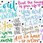 Motivational phrases in various colors on a white background with polka dots.