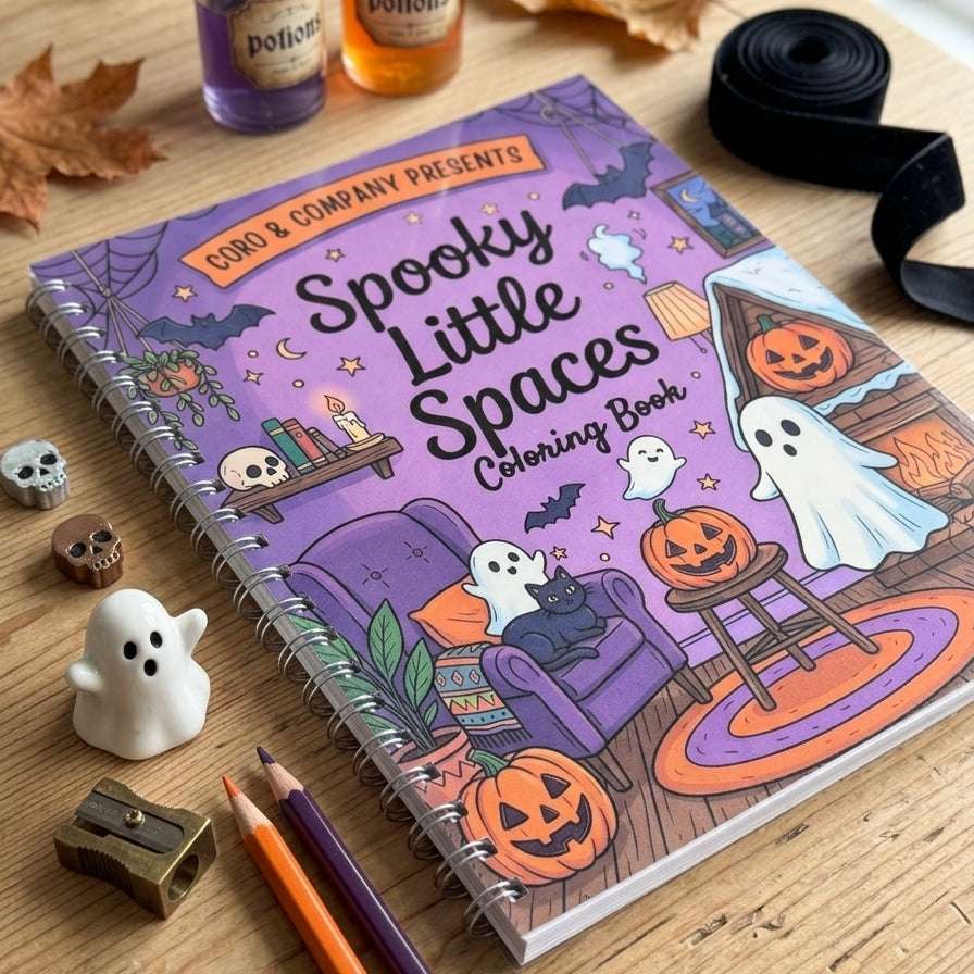 A spiral-bound coloring book titled 'Spooky Little Spaces Coloring Book' by CoRo & Company, displayed on a wooden table with Halloween-themed props including small bottles, leaves, a black ribbon, a ghost figurine, pencils, and a small chest.