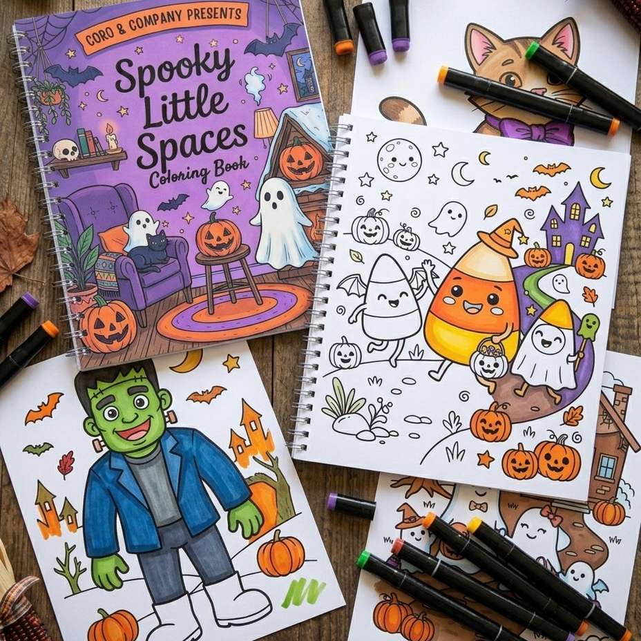 A Halloween-themed coloring book and several coloring pages arranged on a rustic wooden surface with crayons and autumn props. The cover reads 'CoRo & Company Presents Spooky Little Spaces Coloring Book.'