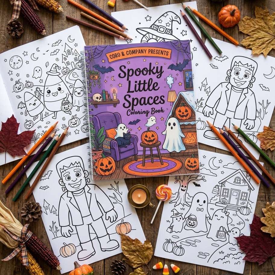 A styled flat-lay of the 'Spooky Little Spaces Coloring Book' by CoRo & Company, surrounded by coloring pencils, pumpkins, autumn leaves, and Halloween decorations on a rustic wooden table.