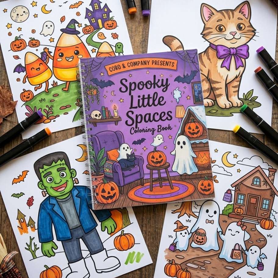 A styled flat-lay of the 'Spooky Little Spaces Coloring Book' by CoRo & Company, surrounded by four colorful Halloween-themed coloring pages and black marker pens on a rustic wooden surface.