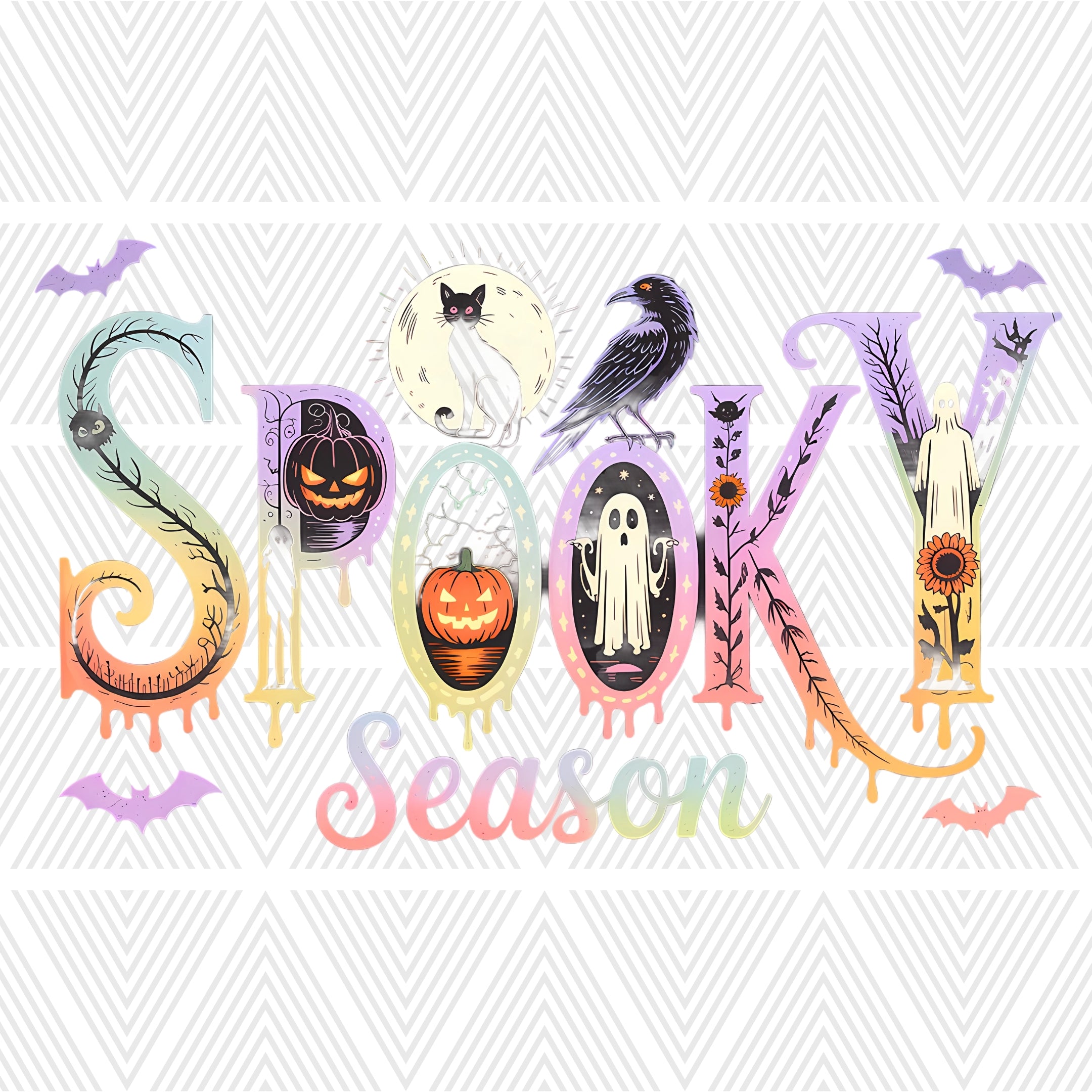 Halloween-themed graphic reading 'SPOOKY Season' in pastel dripping letters, decorated with pumpkins, a cat in a moon, a raven, ghosts, bats, and a standing figure, on a white and light gray chevron background.