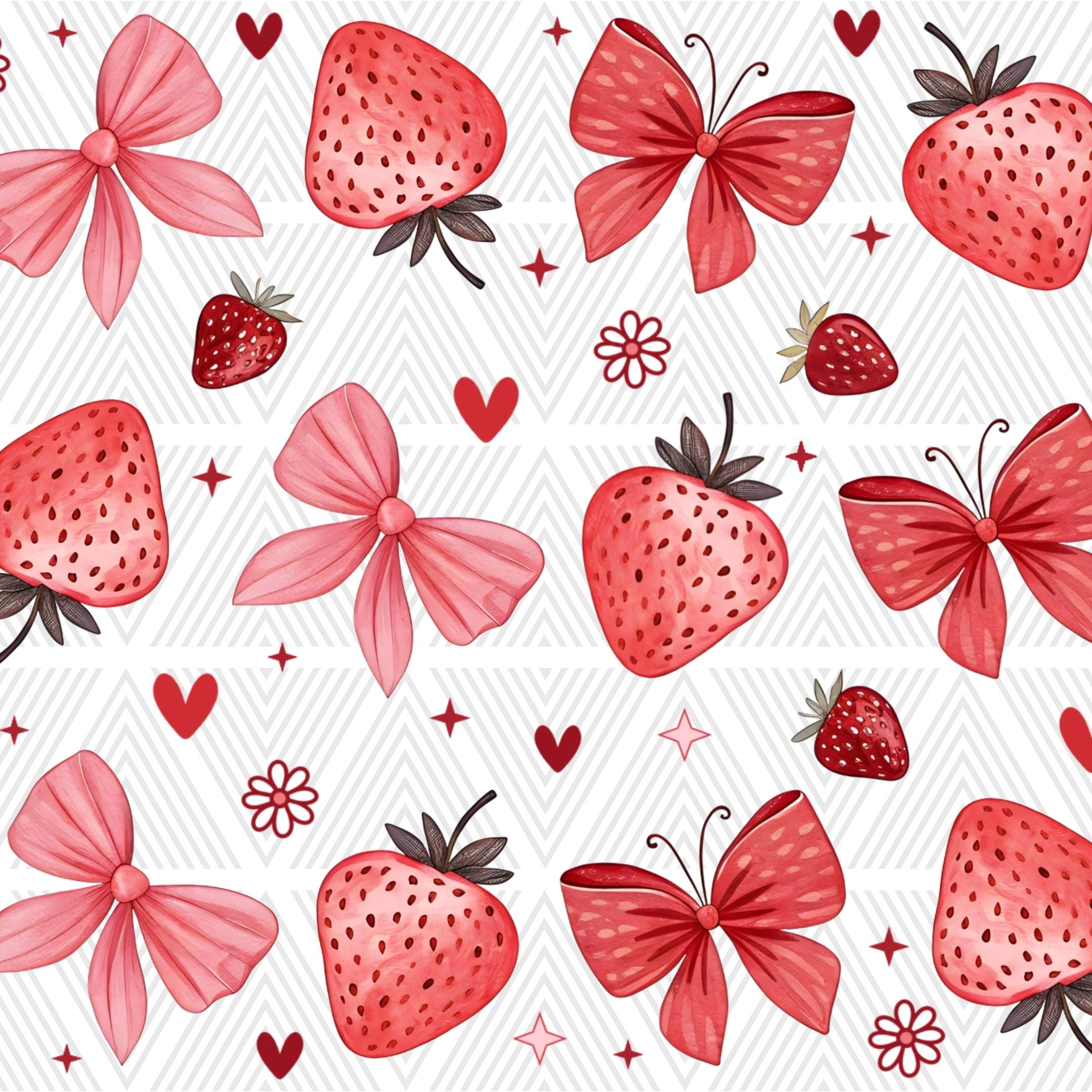 A repeating watercolor-style pattern featuring red strawberries, pink bows, red butterflies, small red hearts, and floral motifs on a white background with a light gray geometric pattern.