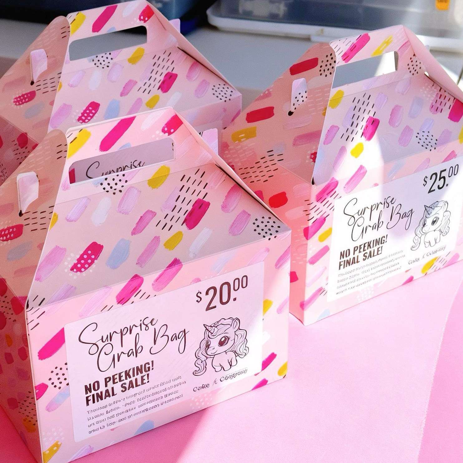 Pink 'Surprise Grab Bag' boxes with colorful patterns on a pink background.