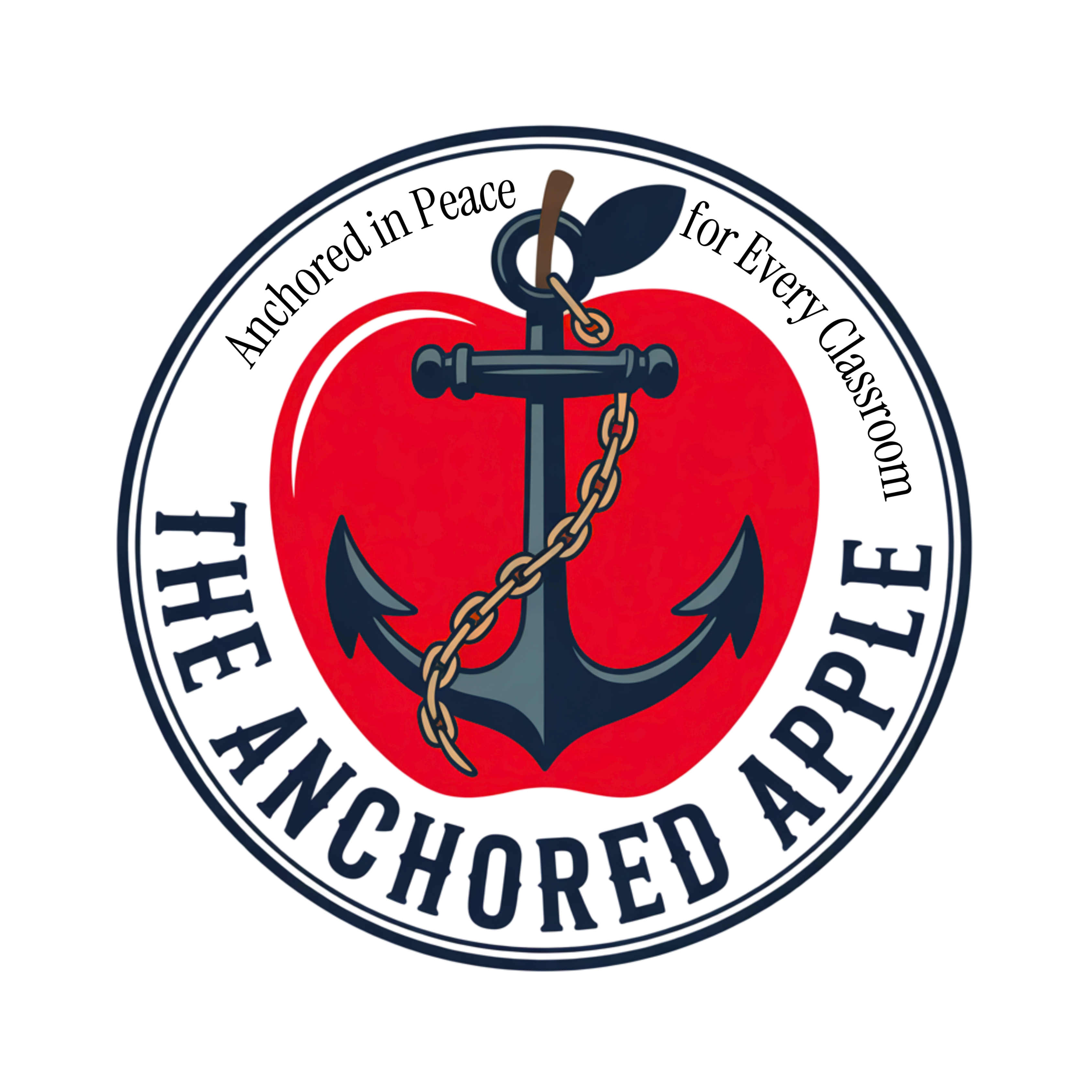 Logo of The Anchored Apple Shop with a red apple and anchor design on a white background