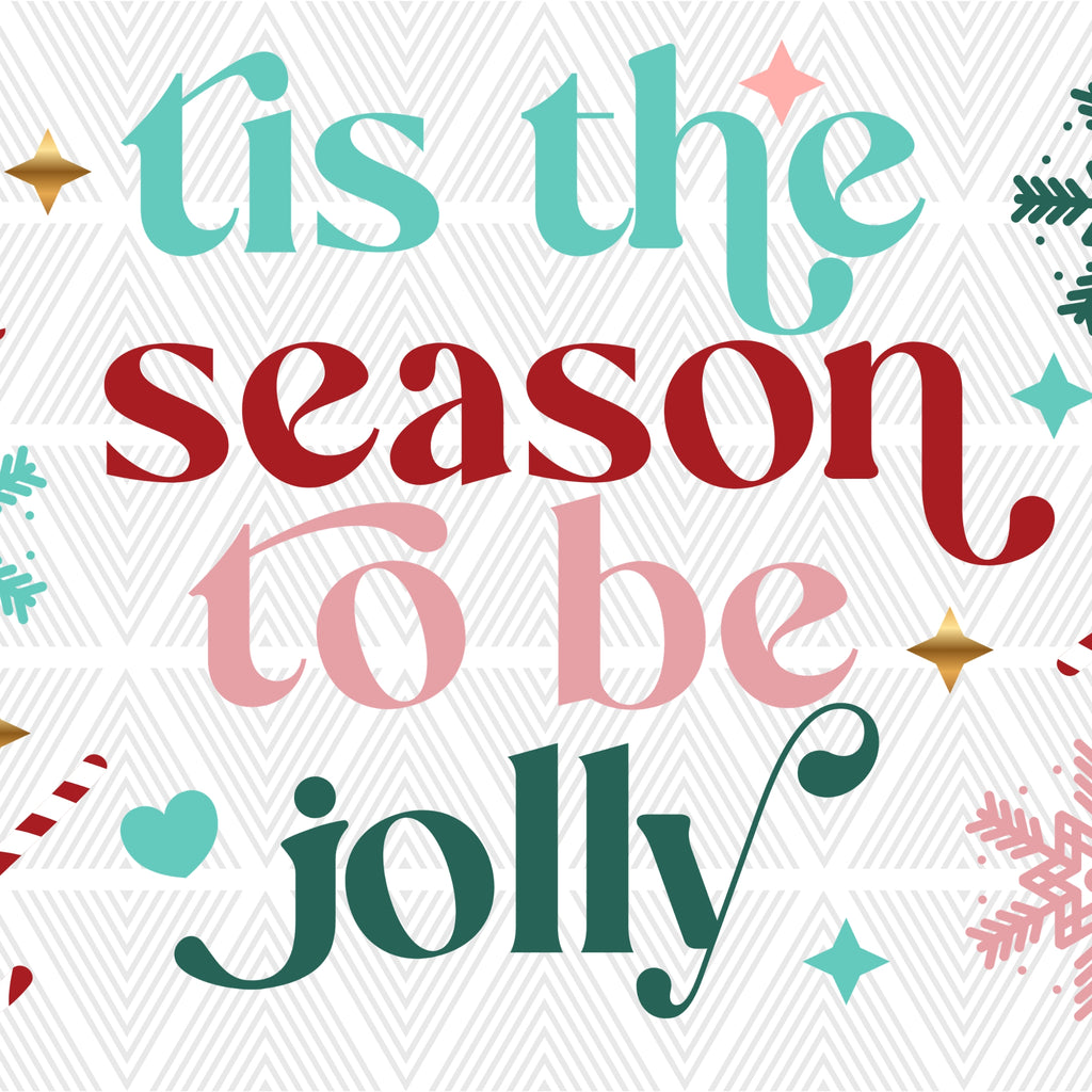 A square graphic with the phrase “tis the season to be jolly” in decorative holiday lettering. The background is white with a light gray chevron pattern, decorated with pastel teal, red, pink, green, and gold festive accents.