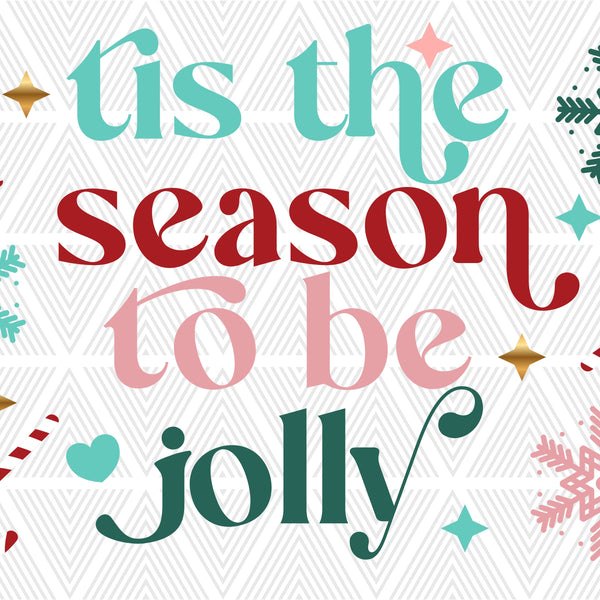 A square graphic with the phrase “tis the season to be jolly” in decorative holiday lettering. The background is white with a light gray chevron pattern, decorated with pastel teal, red, pink, green, and gold festive accents.