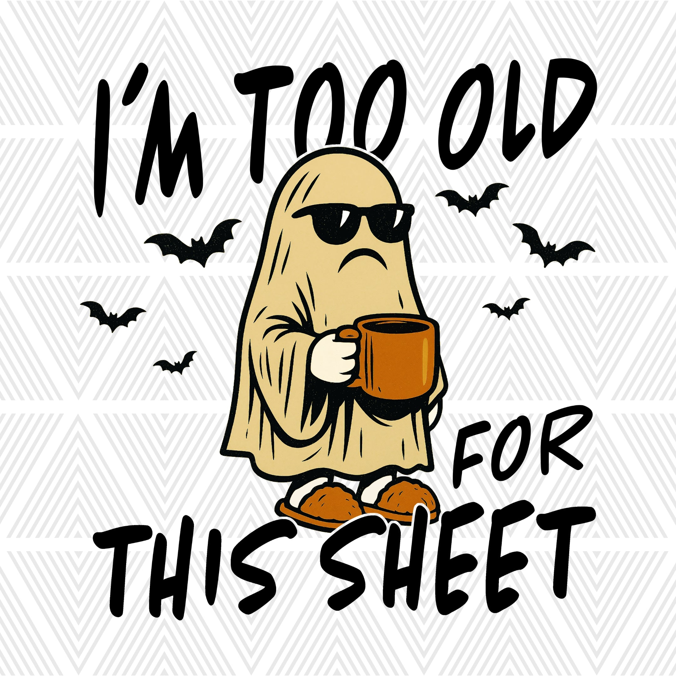 A Halloween-themed graphic print featuring a cartoon ghost wearing sunglasses and holding an orange mug, surrounded by flying bats and the text 'I'M TOO OLD FOR THIS SHEET' on a white background with a light gray geometric pattern.