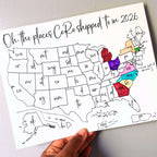 Map of the United States with colored boxes labeled 'Oh, the places CoRo shipped to in 2026' held by the owner's hand.