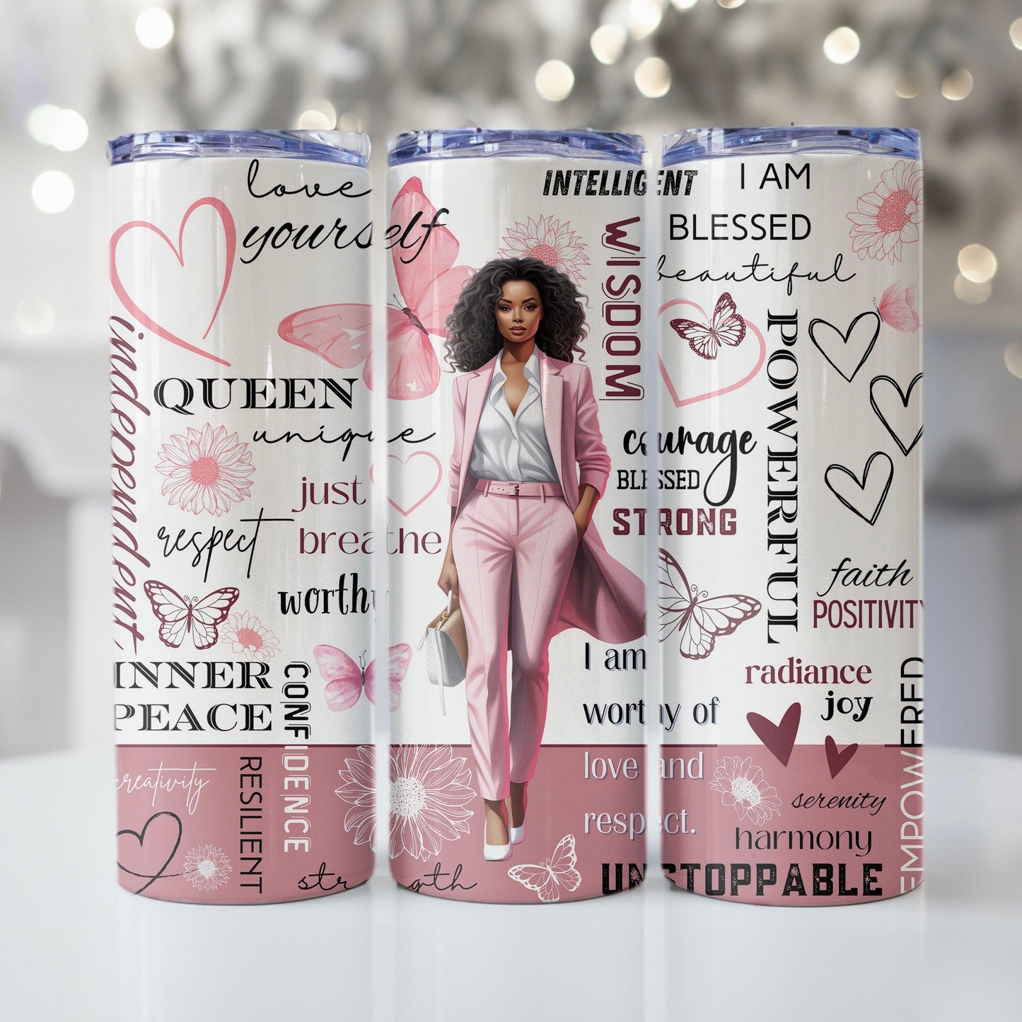 Inspirational Black Woman Skinny Tumbler • Pink • 20 oz Stainless Steel