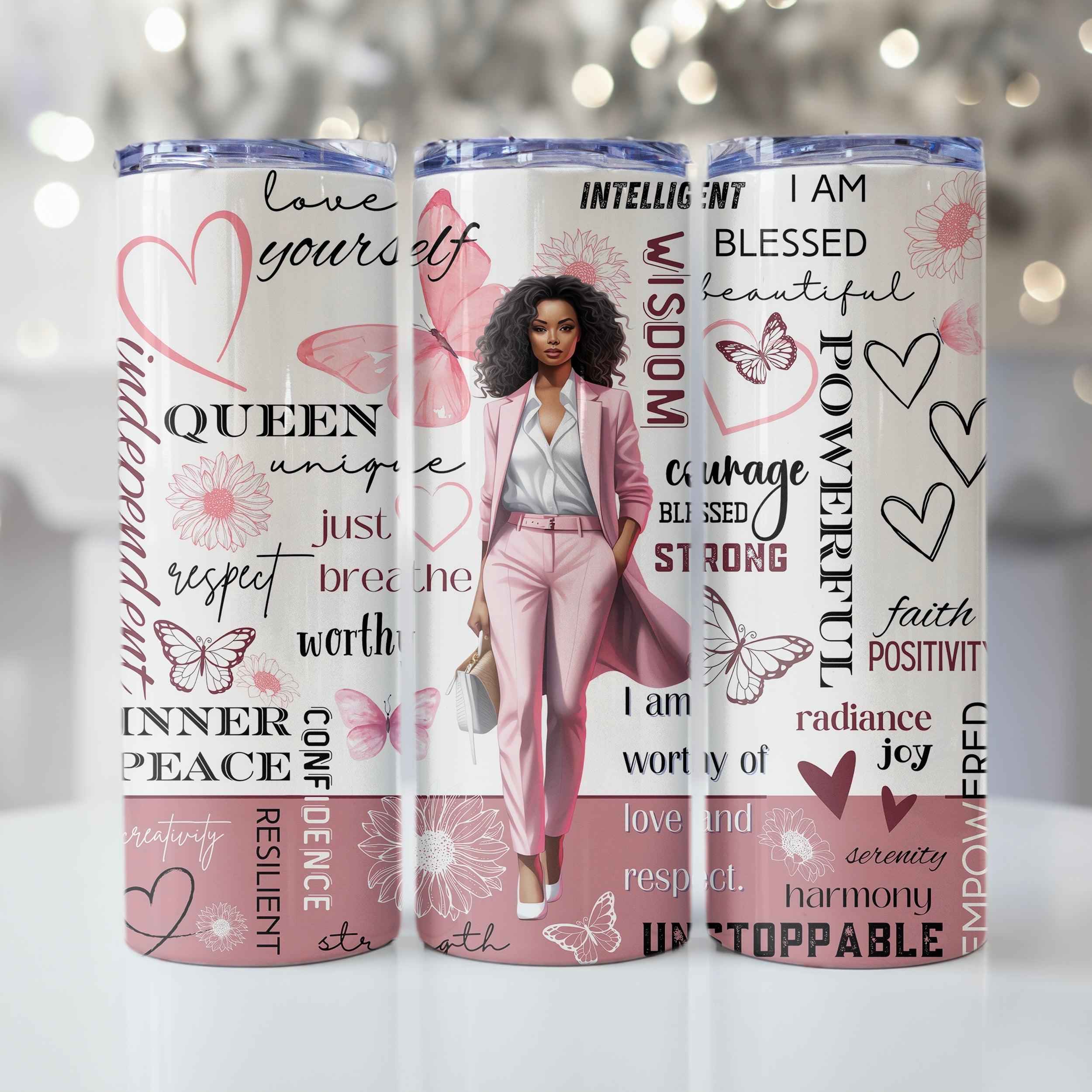 Inspirational Black Woman Skinny Tumbler • Pink • 20 oz Stainless Steel Tumbler