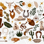 Pattern of western-themed icons including boots, hats, and cacti on a white background.