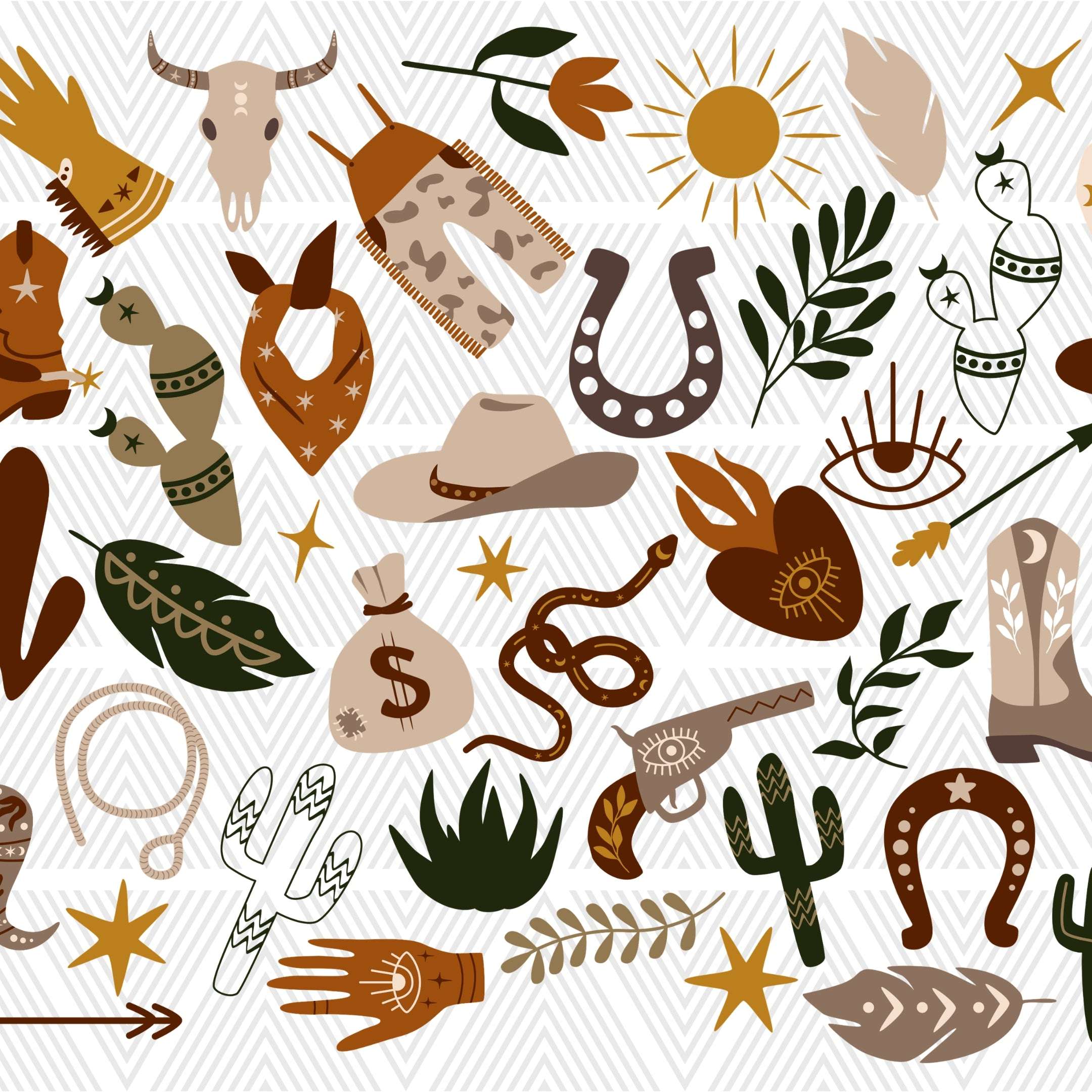 Pattern of western-themed icons including boots, hats, and cacti on a white background.