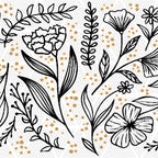Pattern of black floral and leaf designs on a white background with gold dots.