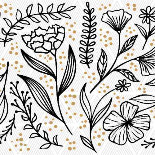 Pattern of black floral and leaf designs on a white background with gold dots.