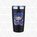 A black insulated travel tumbler with a clear lid, featuring a blue and white Greek letter 'Zeta Phi Beta' and a decorative dove crest on the front, set against a white background with a light gray geometric pattern.