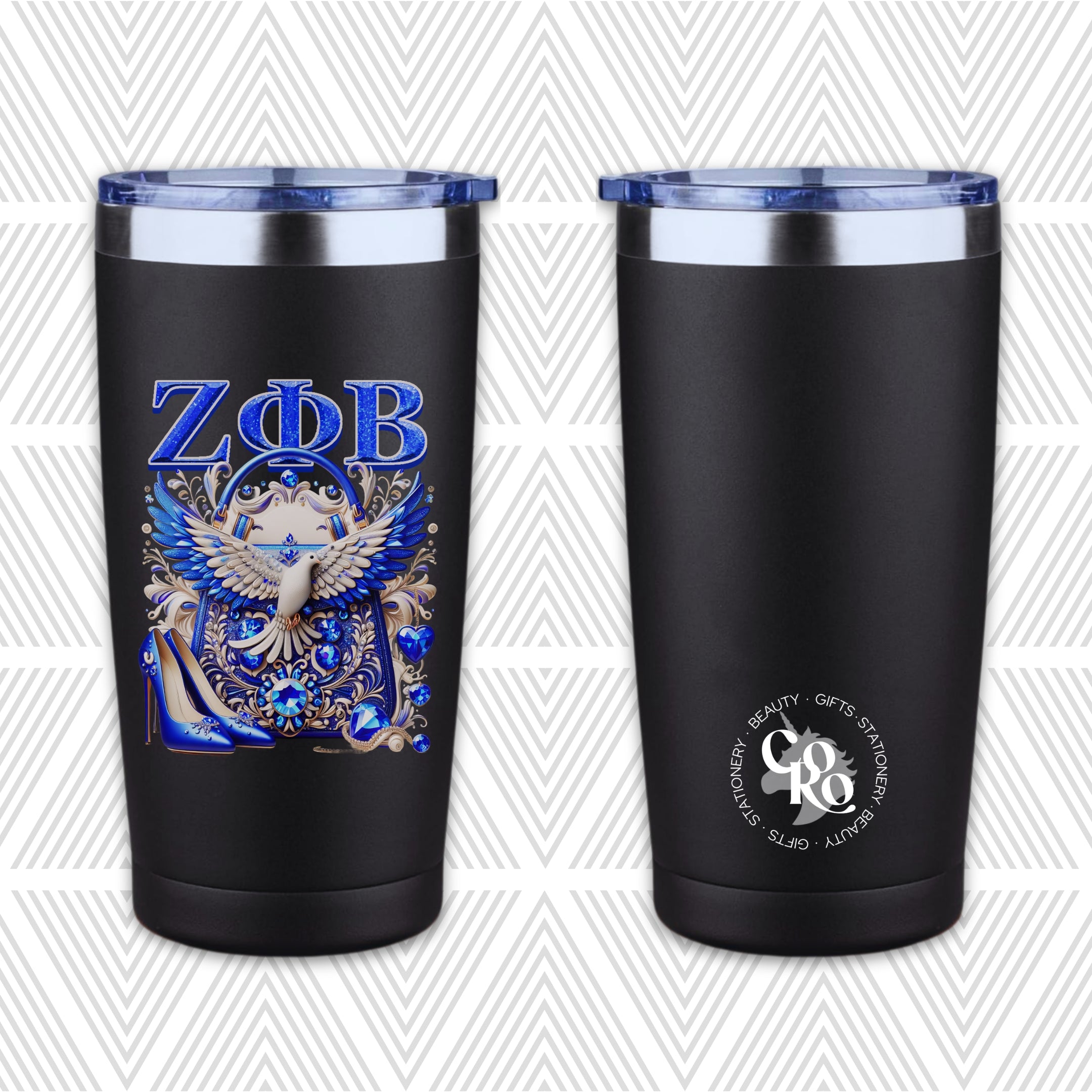 Two black insulated tumblers with clear lids shown from front and back. The front tumbler features a blue and white dove graphic with the Greek letters Zeta Phi Beta.