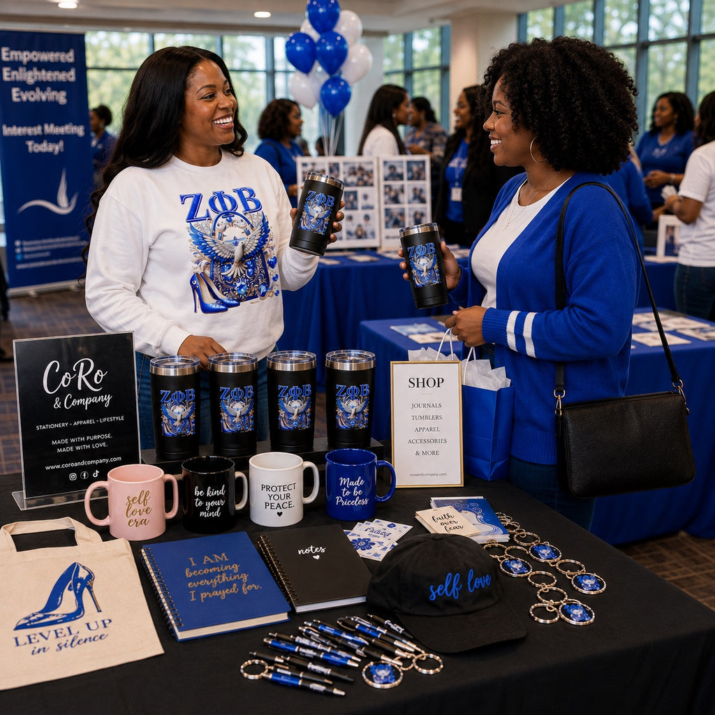 Two women standing at a promotional booth with branded tumblers, pens, notebooks, and bags in a bright indoor event space. The table displays blue-and-white themed merchandise, including a black cap with 'self love' text, keychains, pens, notebooks, and mugs.