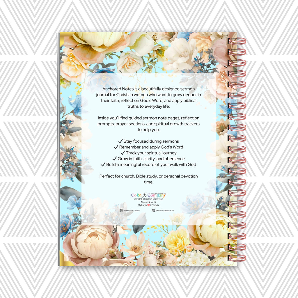 Anchored Notes Sermon Notes journal back cover with text on a white background