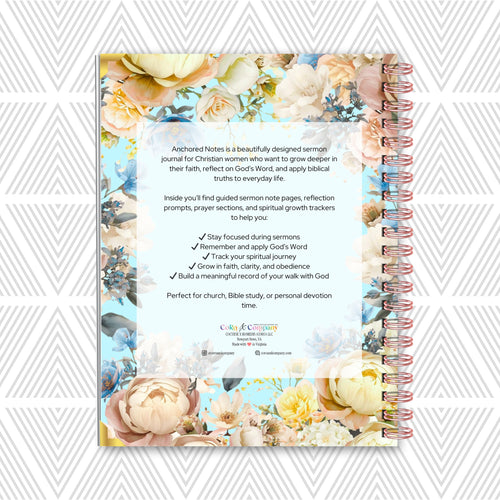 Anchored Notes Sermon Notes journal back cover with text on a white background