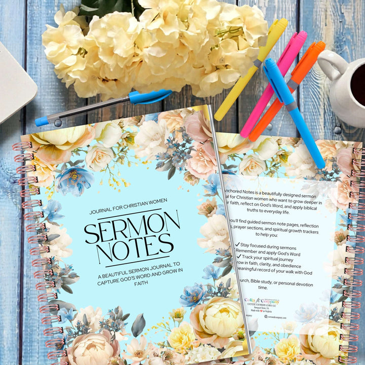 Journals titled 'Sermon Notes' with floral design on a wooden surface with flowers and pens.