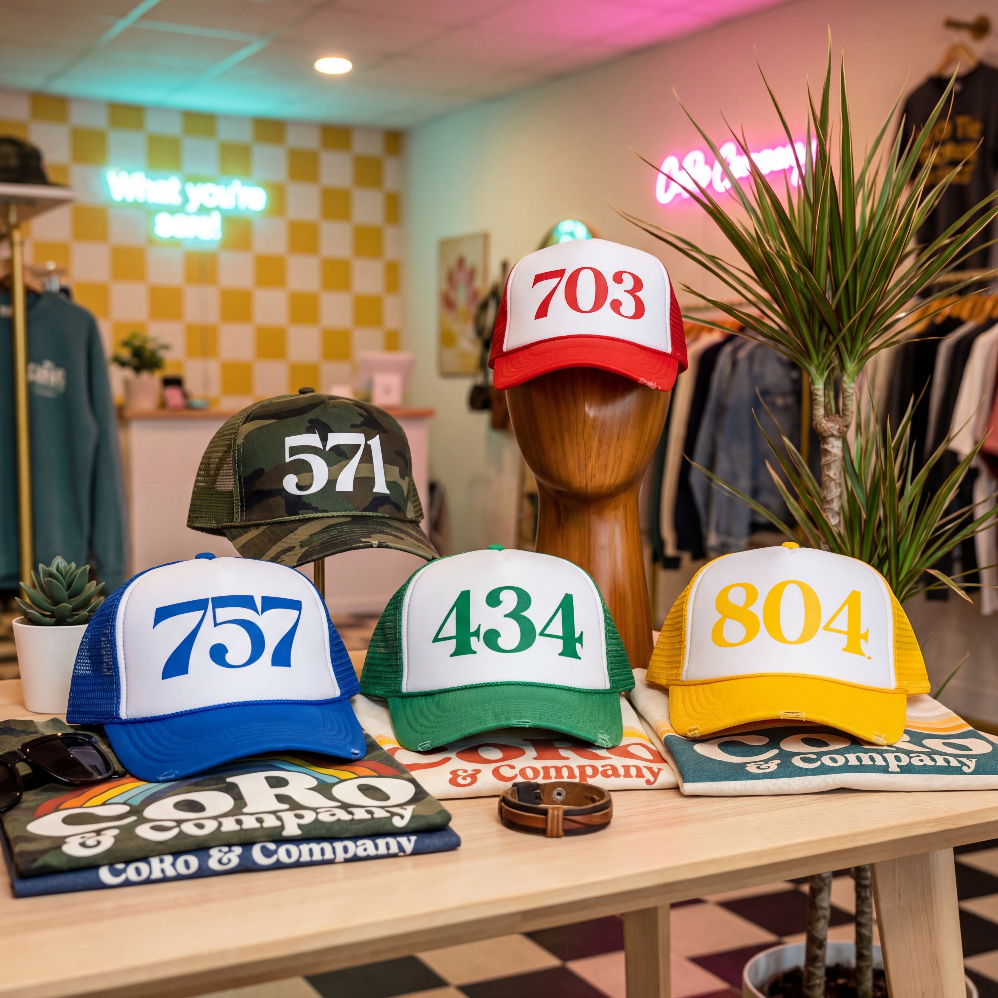 Five trucker hats with area code numbers and CoRo & Company shirts on a table in a store setting.