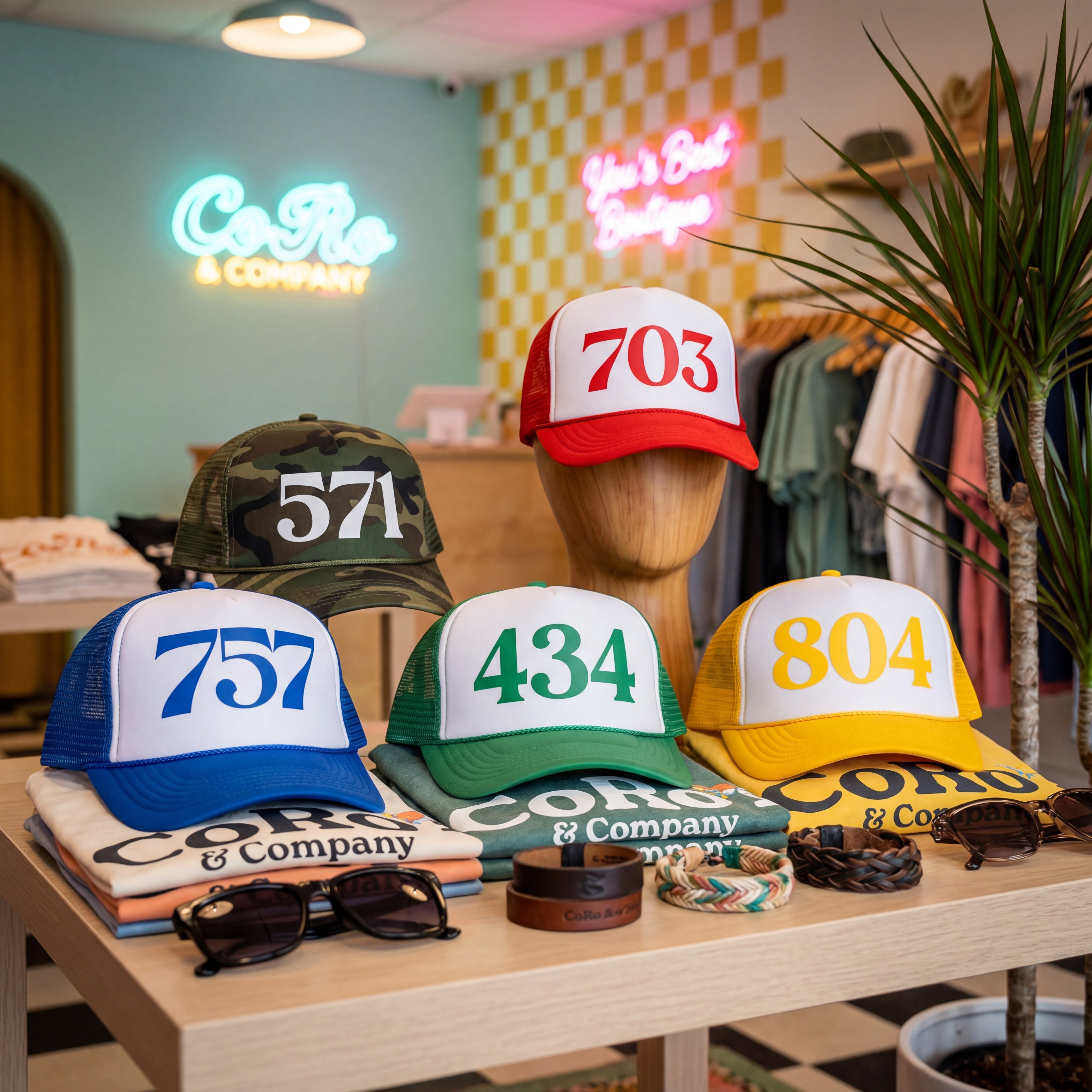 Collection of trucker caps with area code numbers and 'CoRo & Company' branding on a display table.
