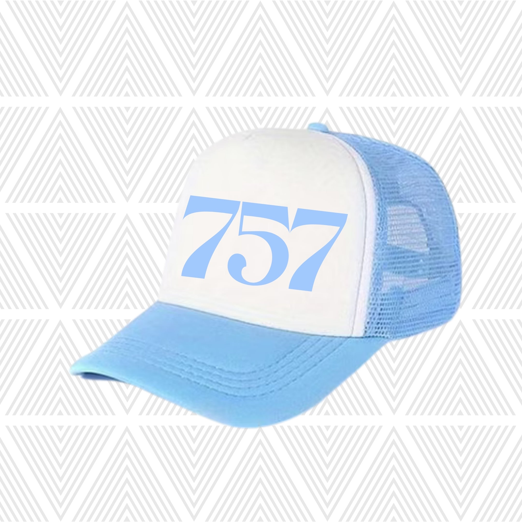 Baby blue and white cap with area code '757' printed on a geometric patterned background