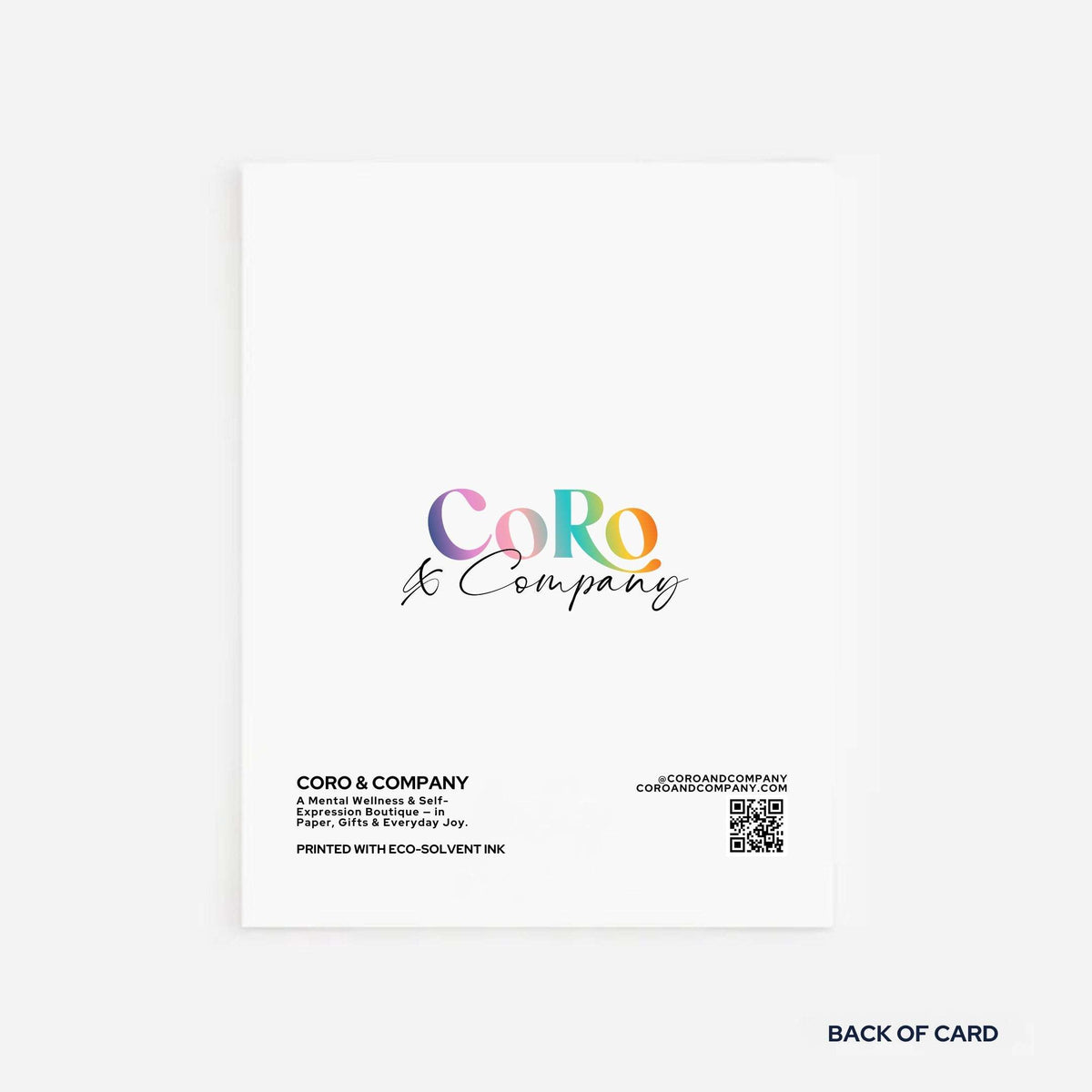 Back of a card with 'CoRo & Company' branding and contact information.