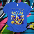 Blue t-shirt with Sigma Gamma Rho design on a colorful background