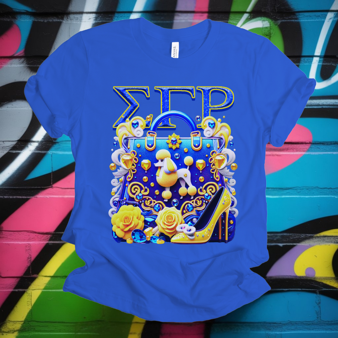 Blue t-shirt with Sigma Gamma Rho design on a colorful background