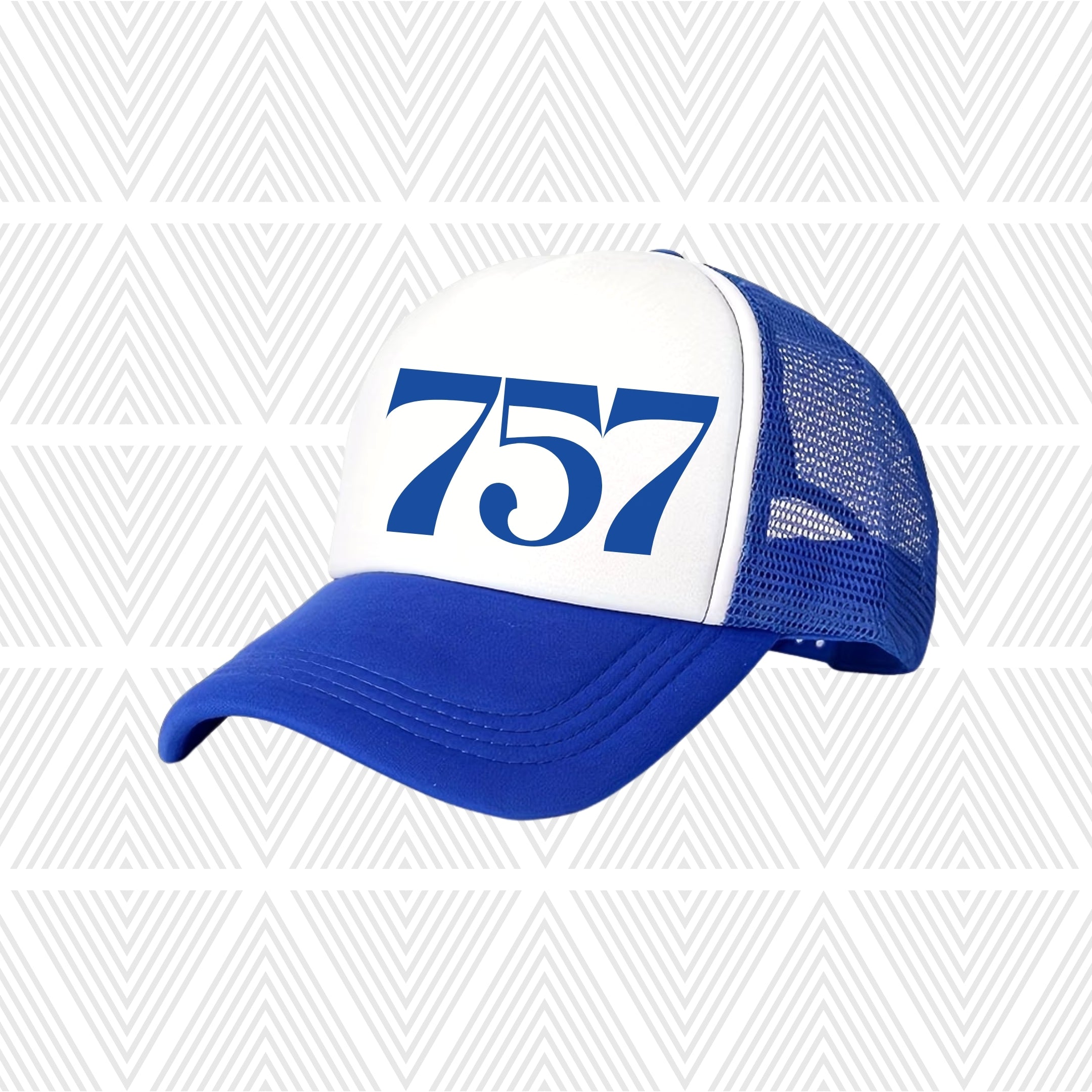 Blue and white cap with area code '757' logo on a geometric patterned background