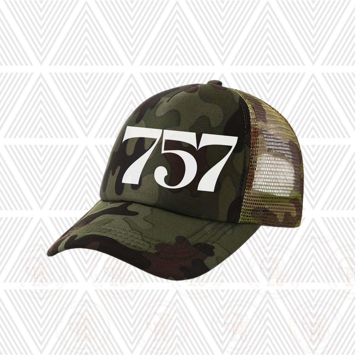 Camouflage trucker hat with '757' area code on a patterned background