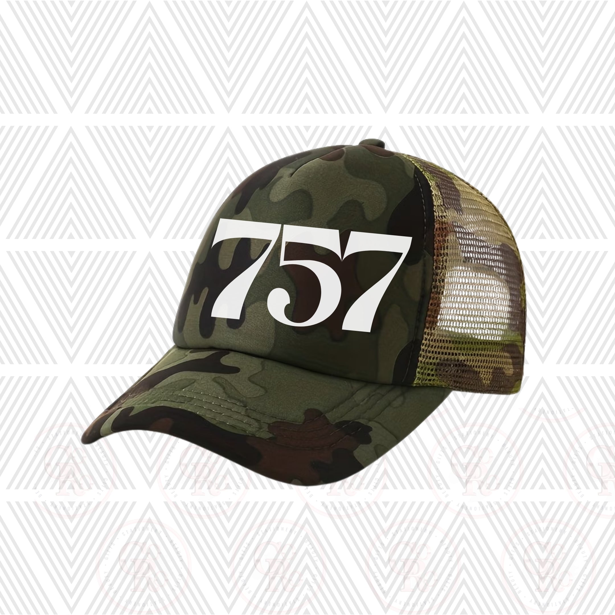 Camouflage trucker hat with '757' area code on a patterned background