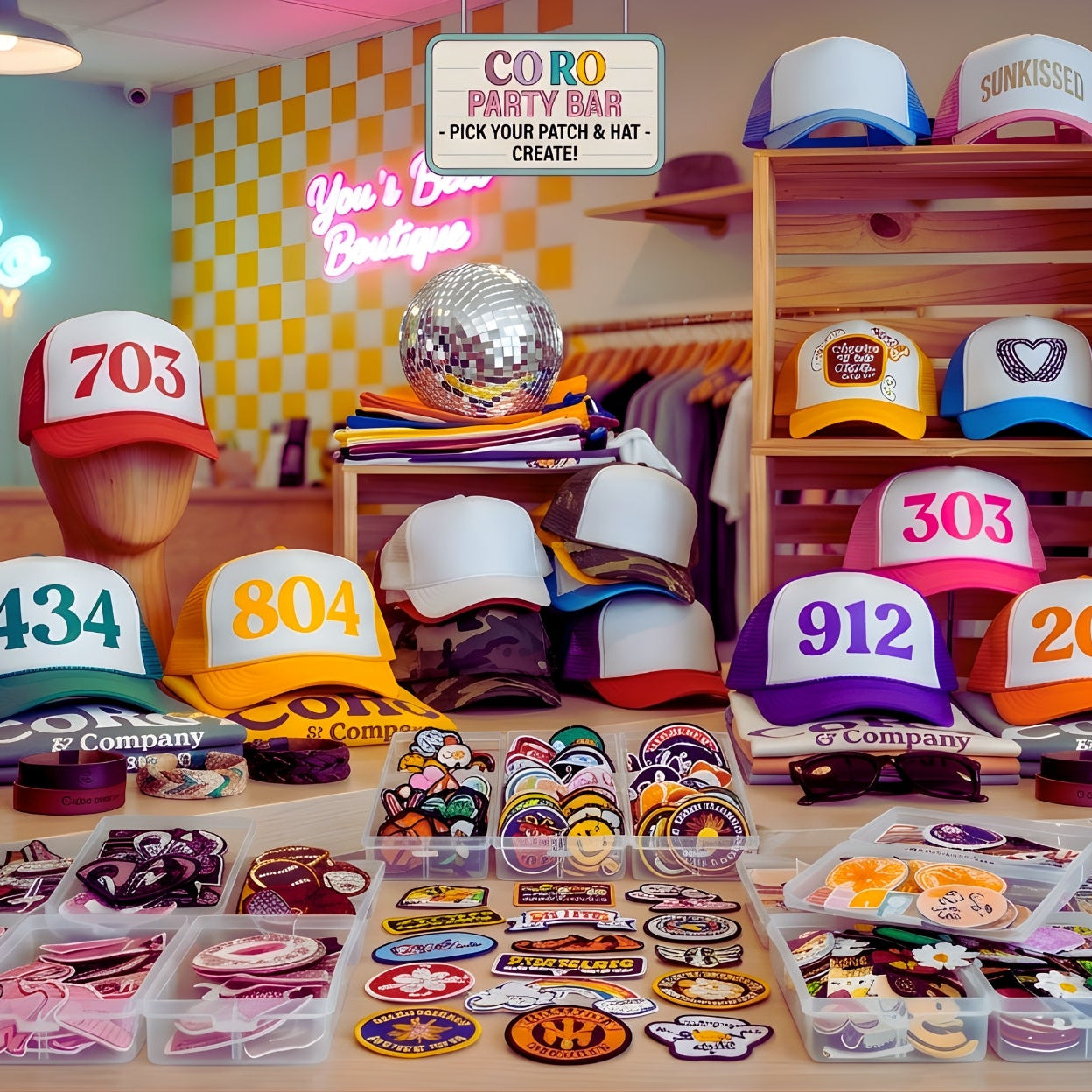 Display of various trucker hats with area code numbers and colors in CoRo & Company's boutique setting.
