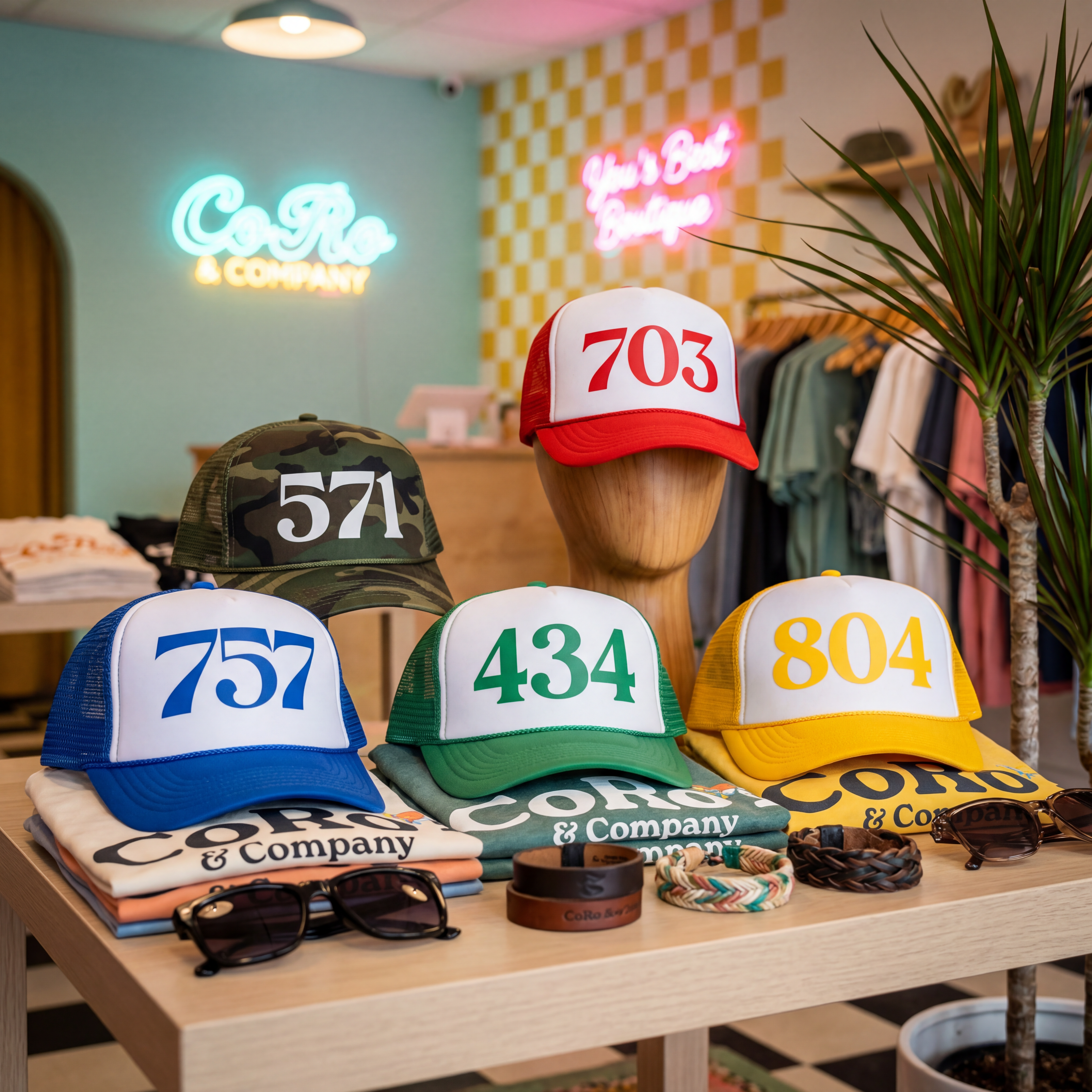 Collection of custom area code trucker hats and 'CoRo & Company' branding on a display table.