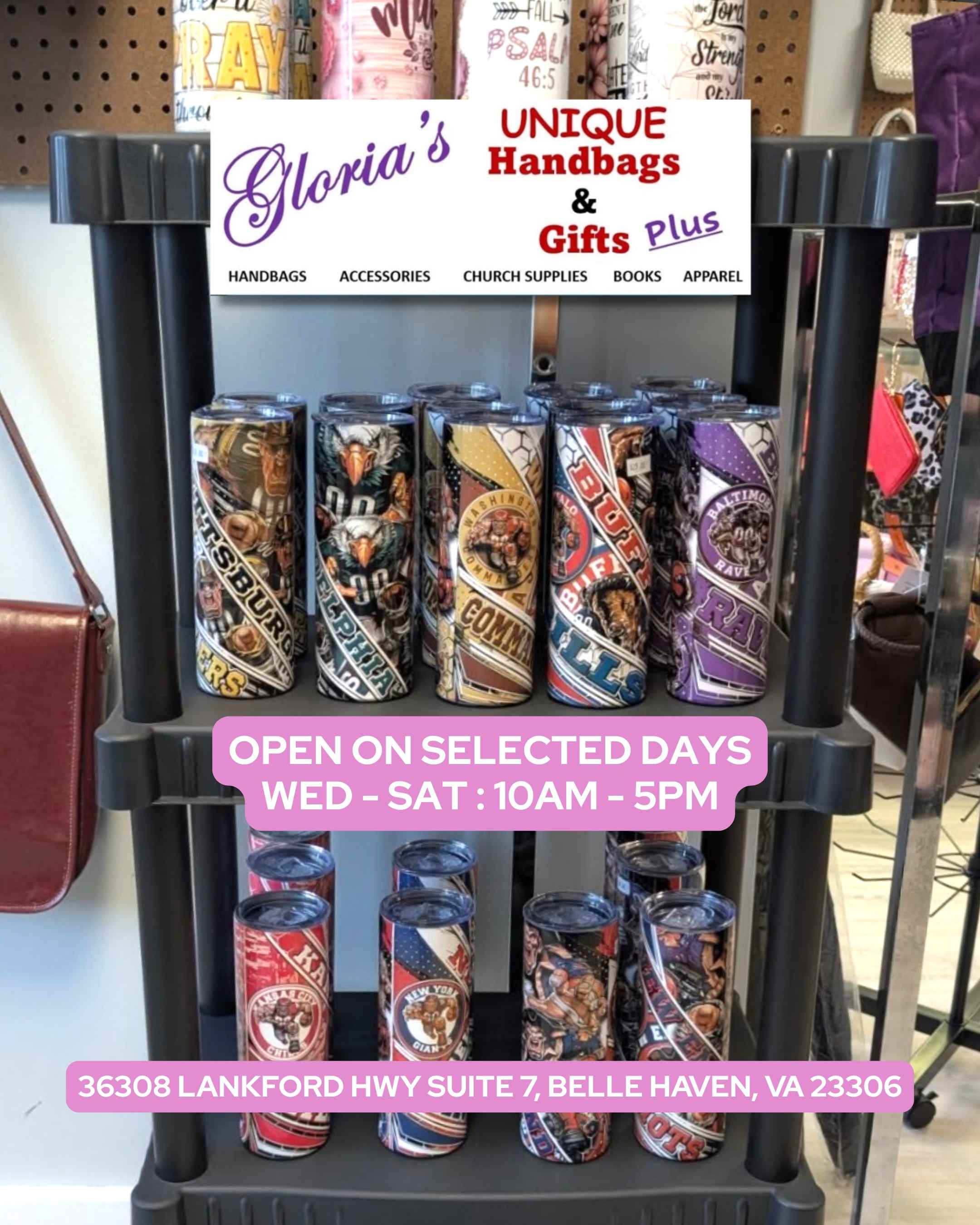 Display of unique handbags and gifts with promotional text overlay.