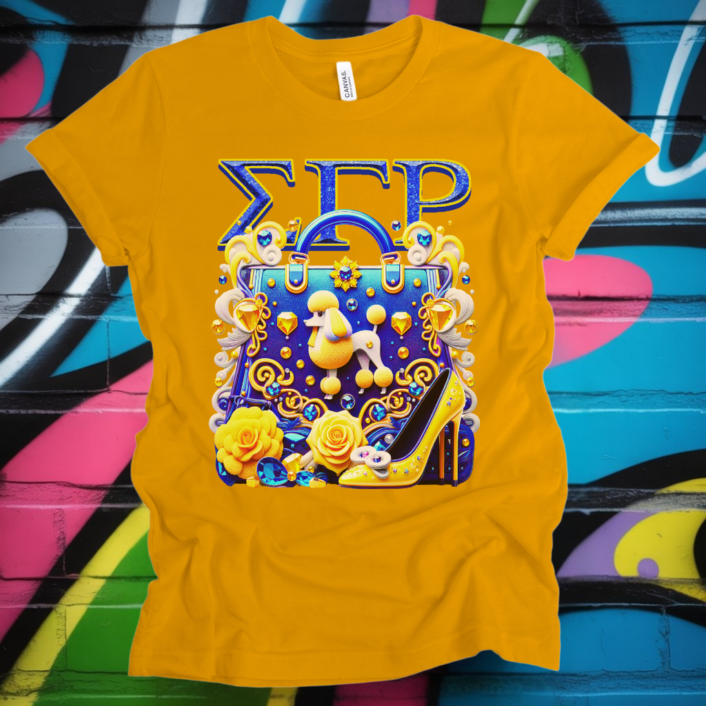 Yellow SGRho t-shirt with colorful design and text on a graffiti-covered wall background