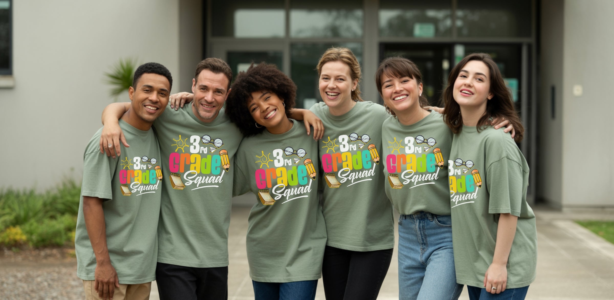 Group of six people wearing matching green t-shirts with colorful text, standing together outdoors.