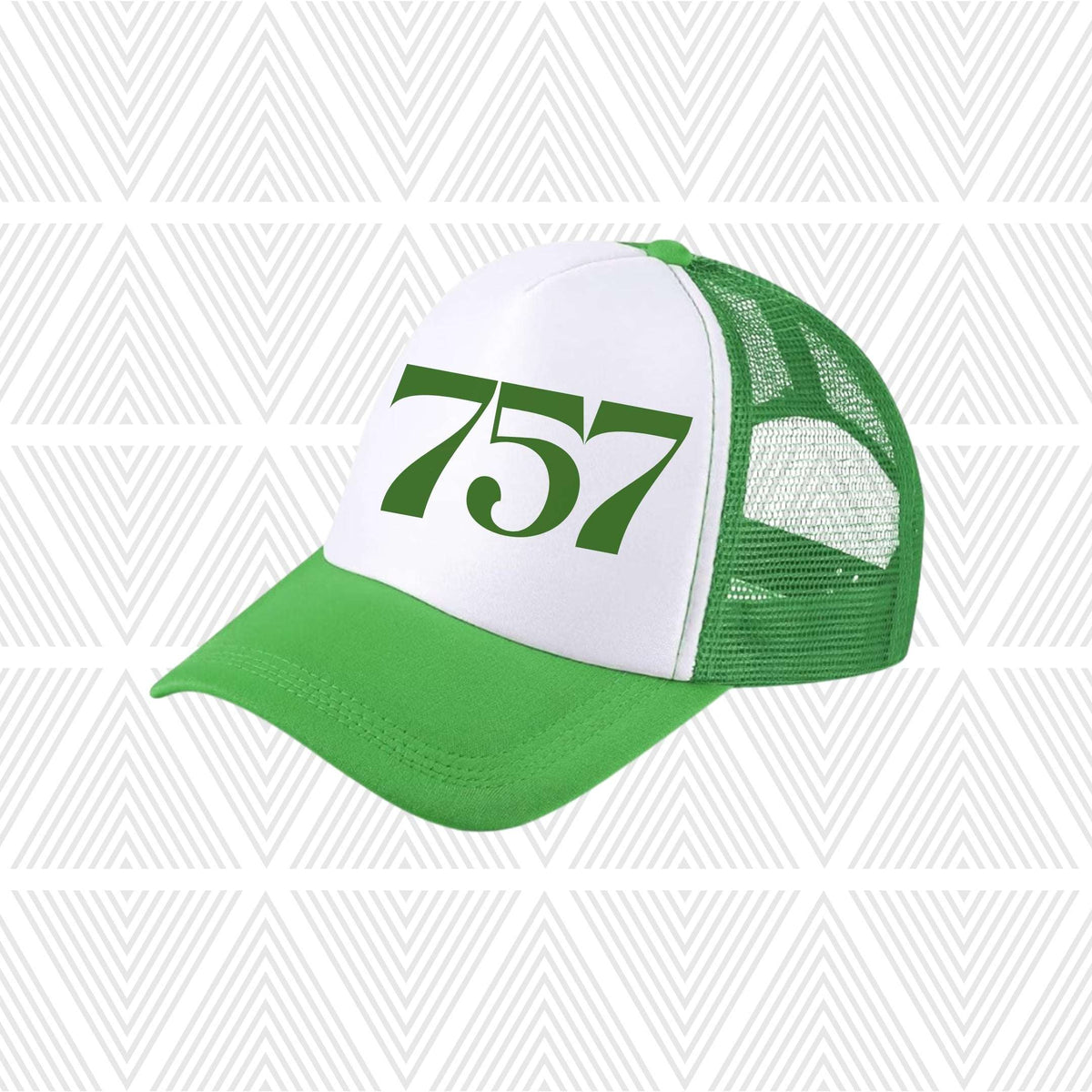Green and white cap with '757' area code on a geometric patterned background