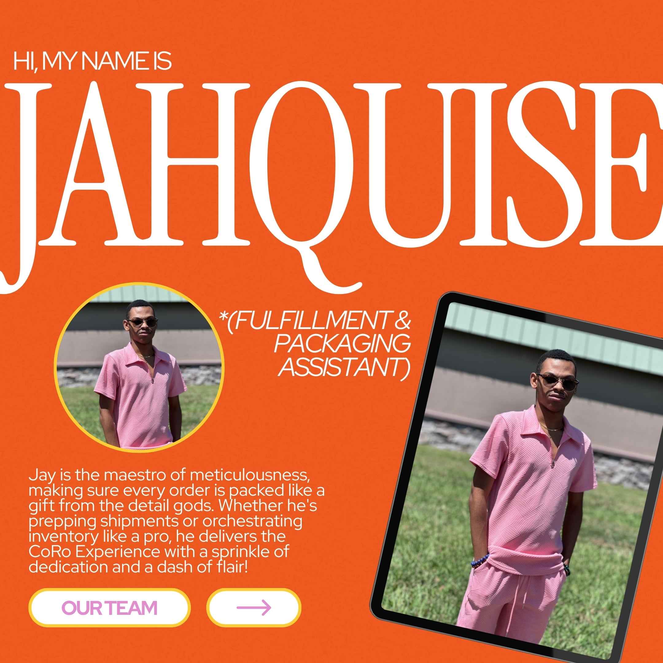 Promotional graphic with 'Jahquise' as a fulfillment and packaging assistant, featuring text and images of a person in a pink outfit.