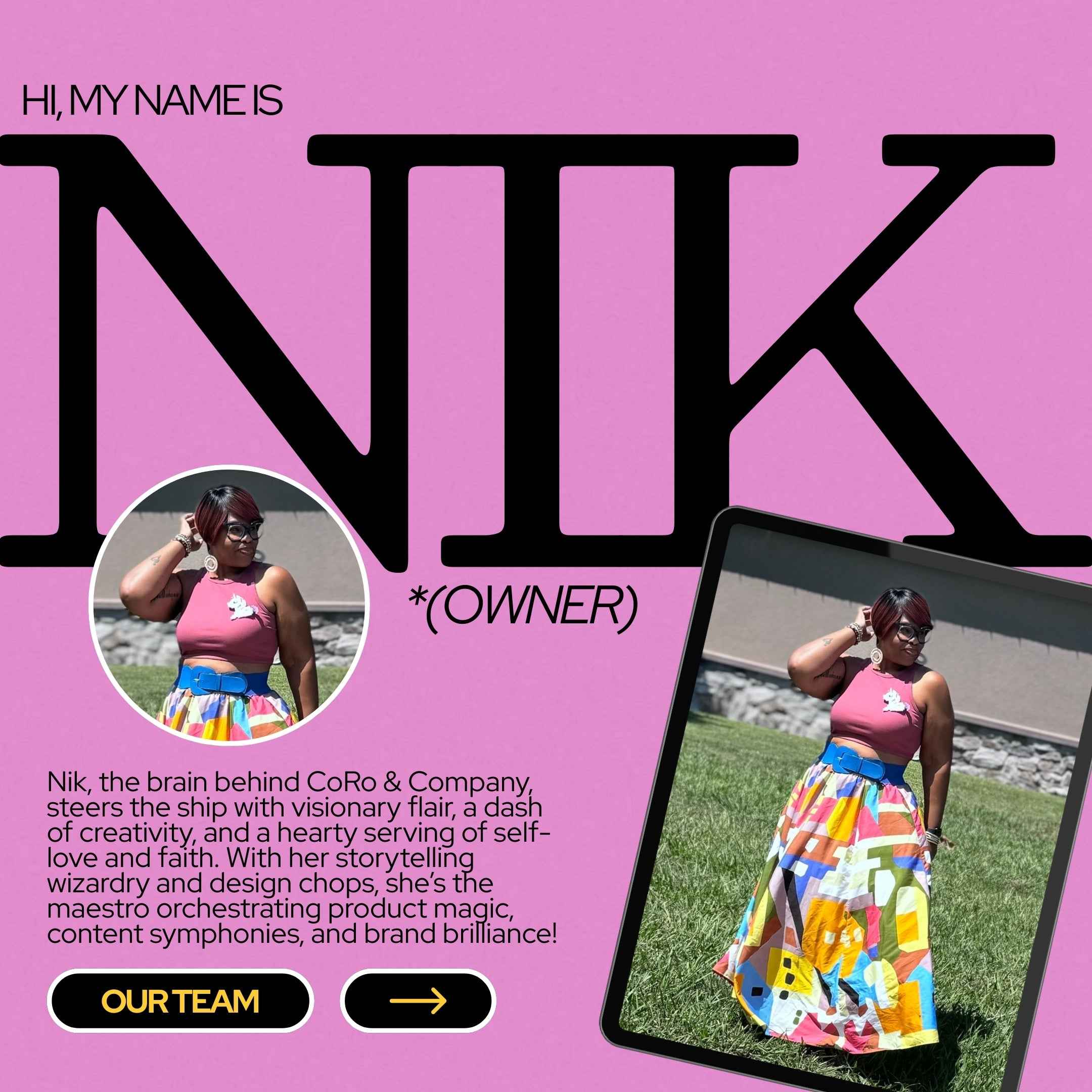 Promotional graphic with 'Nik' as the main subject, featuring text and images of a person in colorful attire.