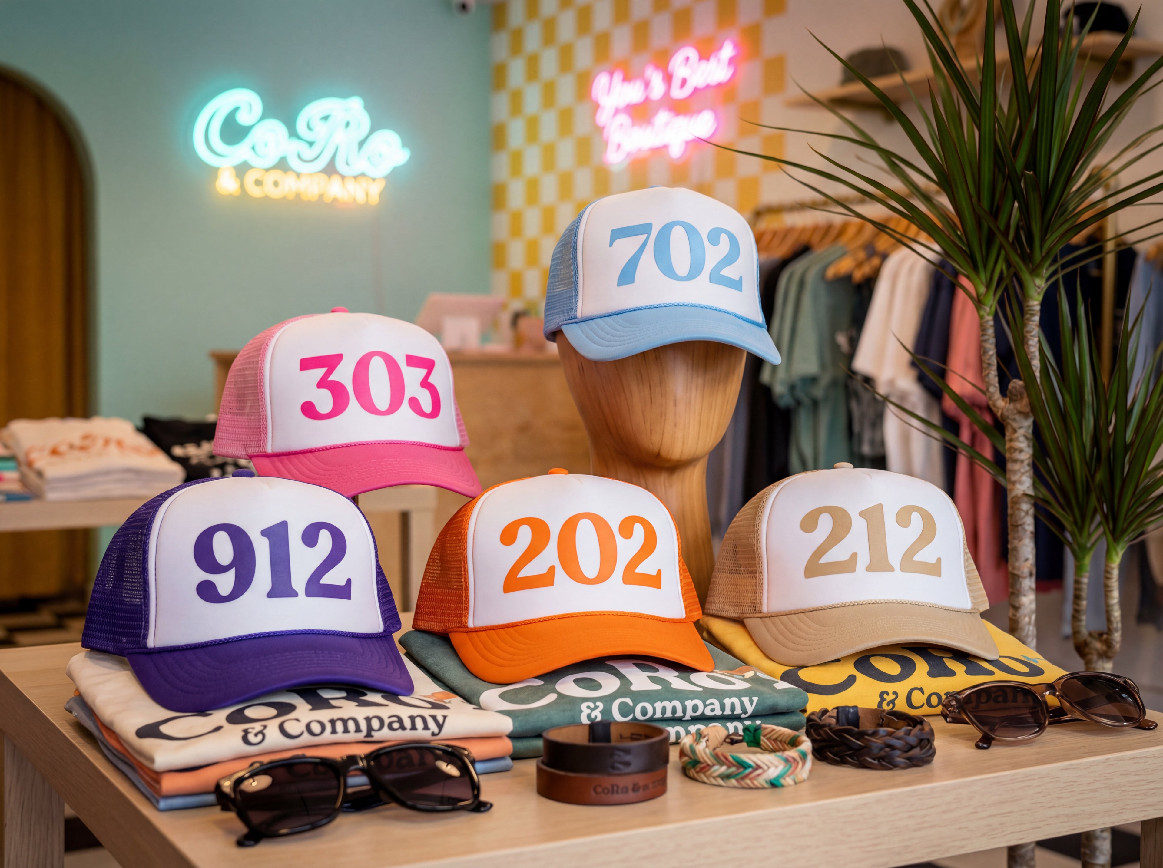 Collection of trucker caps with personalized area code numbers and 'CoRo & Company' branding on a table.