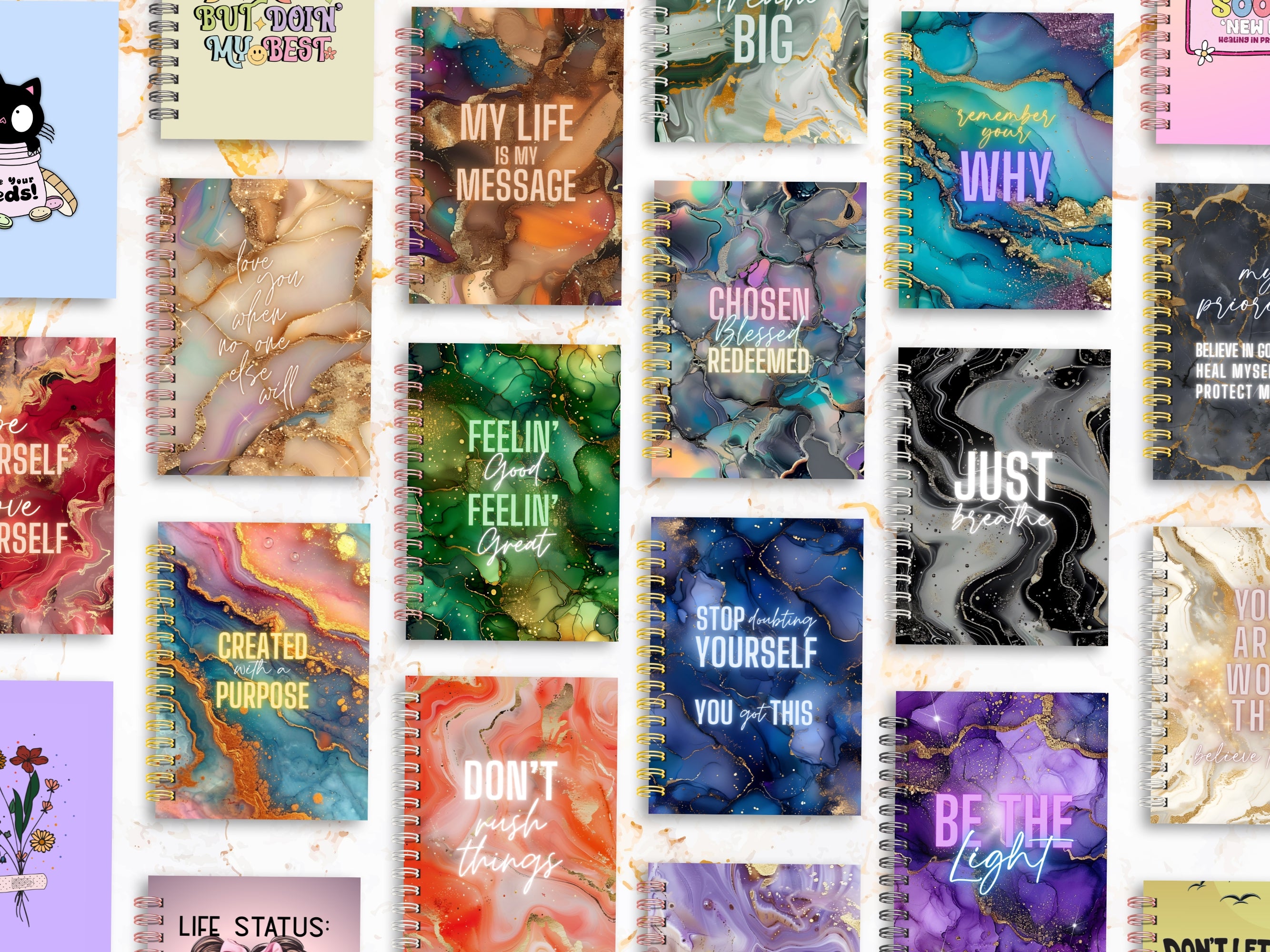 Collage of various notebooks with motivational quotes and colorful designs.