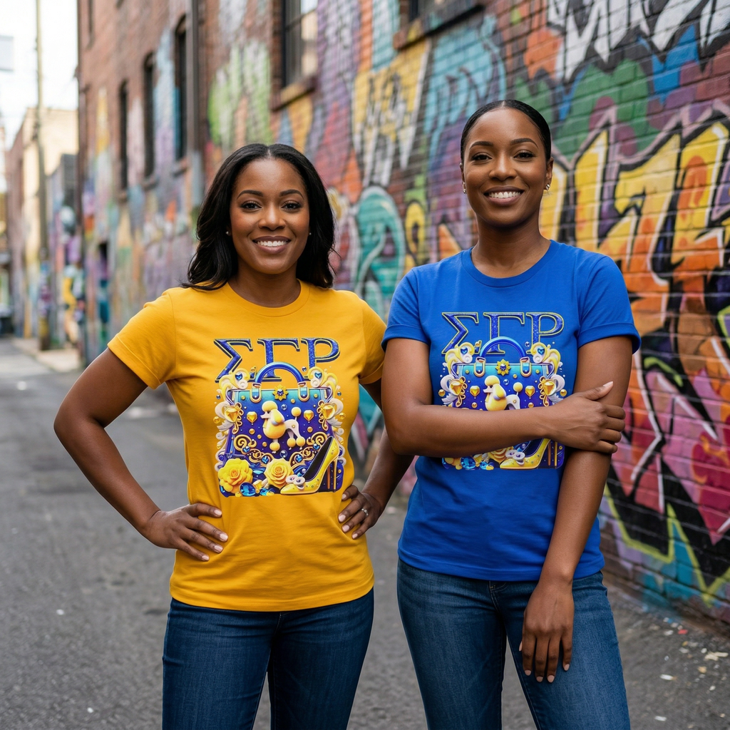 Two SGRho women wearing matching t-shirts with a colorful design in an urban setting with graffiti.