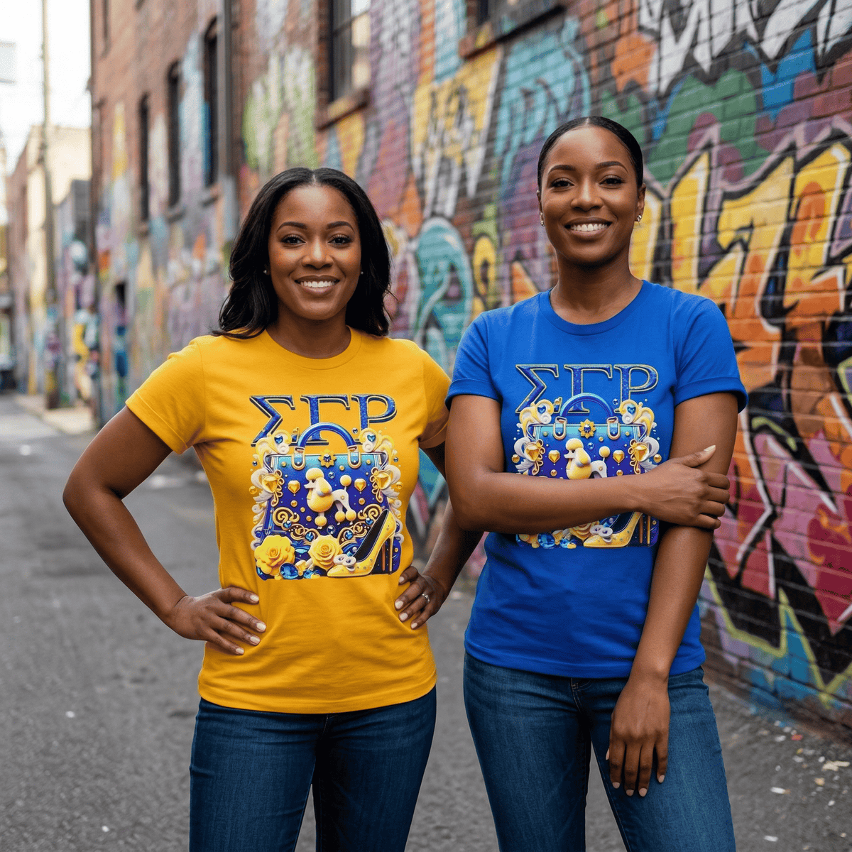 Two SGRho women wearing matching t-shirts with a colorful design in an urban setting with graffiti.