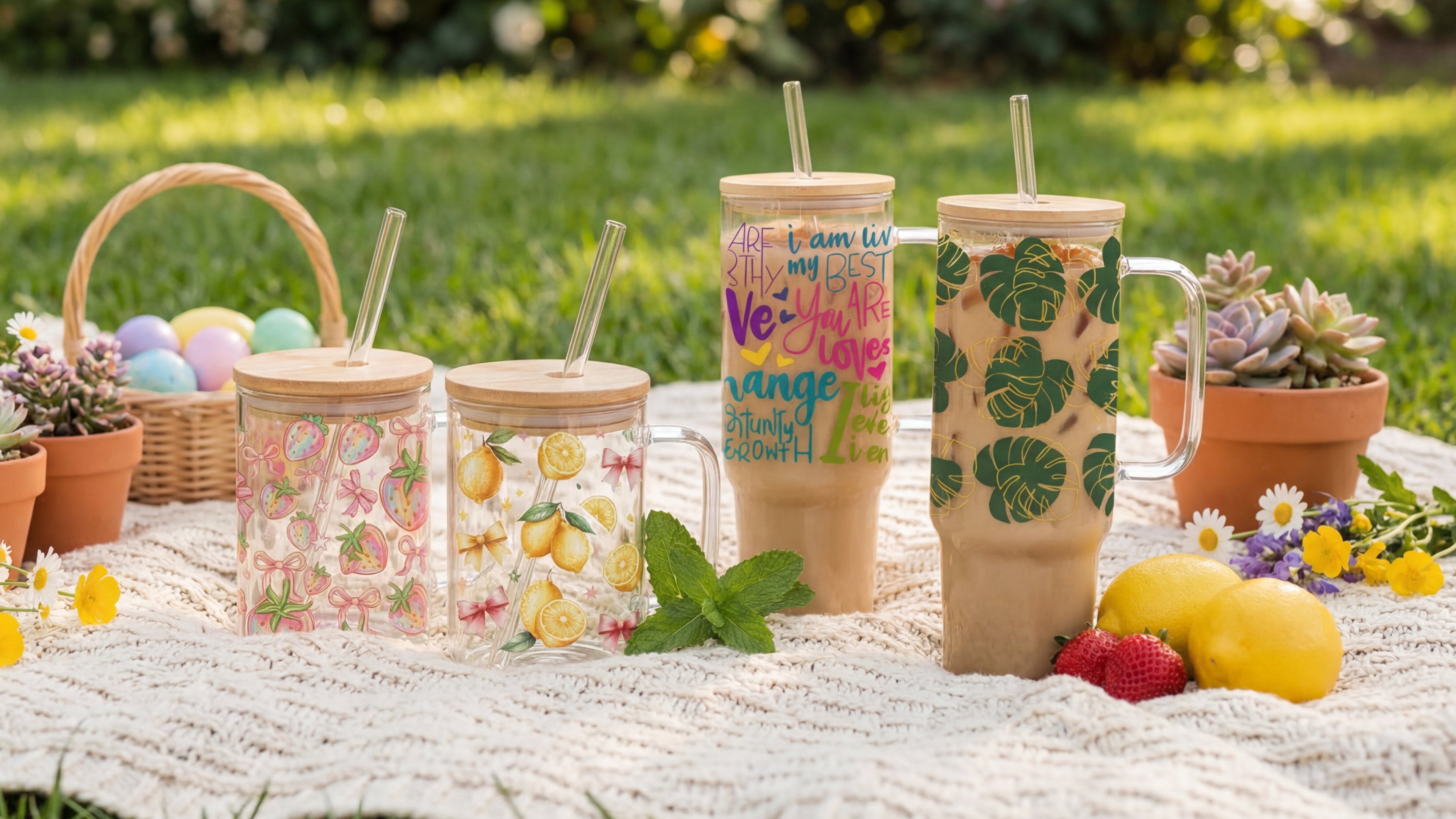 Outdoor picnic scene with colorful glass tumblers and mugs, plants, and flowers on a blanket.