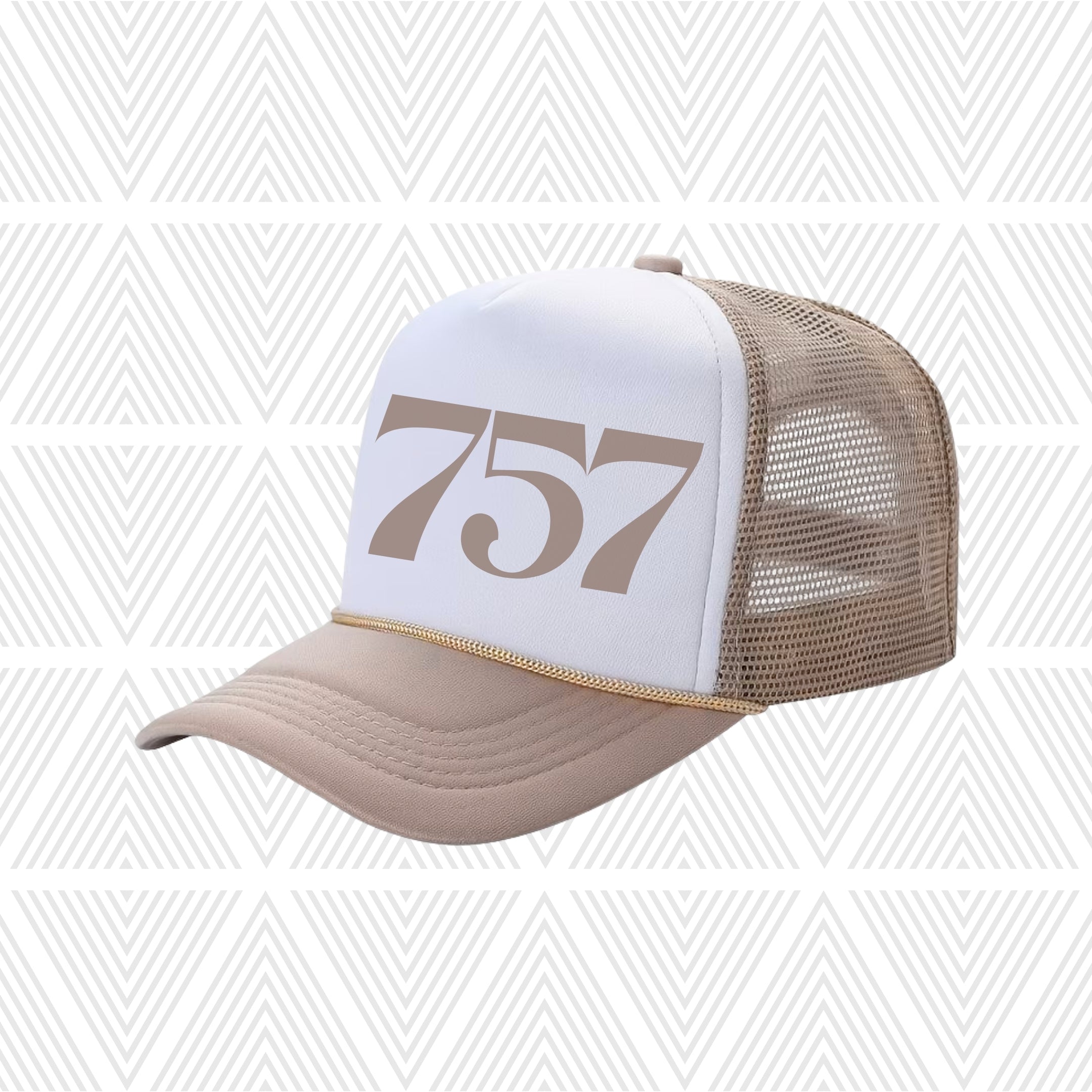Tan and white cap with area code '757' design on a patterned background