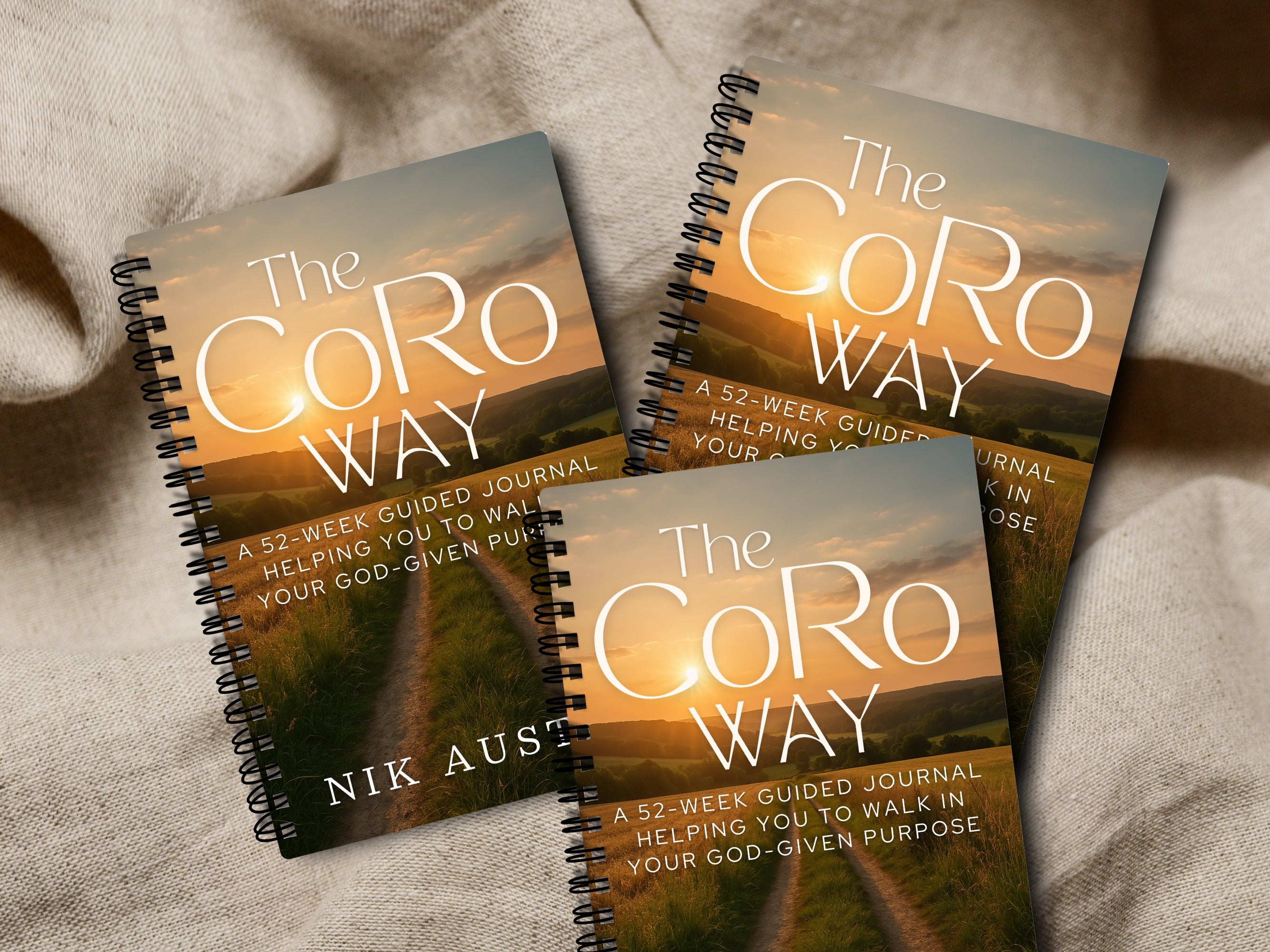 Three 'The CoRo Way' journals by Nik Aust on a textured fabric background